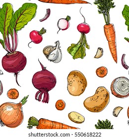 The pattern of painted colored vegetables line drawn on a white background. Skertch autumn harvest.