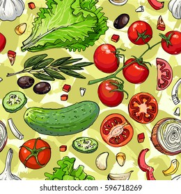 The pattern of painted colored vegetables line drawn on a green background. Skertch autumn harvest. Fresh food. Lettuce, tomatoes, cucumber, olives, garlic