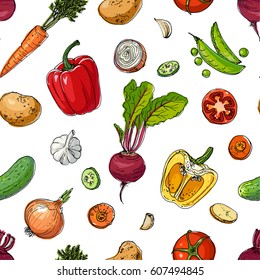 The pattern of painted colored vegetables line drawn on a white background. Skertch autumn harvest. Zucchini, eggplant, cucumber, peppers, peas, tomatoes, asparagus