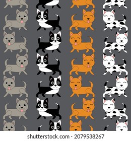 Pattern with painted colorful dogs. Can be used for wallpaper, textiles, packaging, cards, covers. Small cute animal on a gray  background.