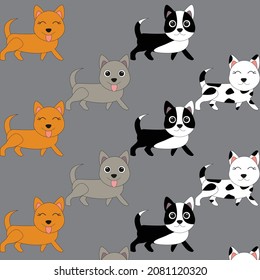 Pattern with painted colorful dogs. Can be used for wallpaper, textiles, packaging, cards, covers. Small cute animal on a gray  background.