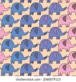 Pattern with painted colorful elephants. Can be used for wallpaper, textiles, packaging, cards, covers. Small cute animal on a brown   background.