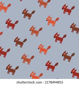 Pattern with painted colorful foxes. Can be used for wallpaper, textiles, packaging, cards, covers. Small cute animal on a  blue  background.