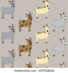 Pattern with painted colorful goats. Can be used for wallpaper, textiles, packaging, cards, covers. Small cute animal on a gray  background.