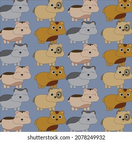 Pattern with painted colorful hamsters. Can be used for wallpaper, textiles, packaging, cards, covers. Small cute animal on a blue background.