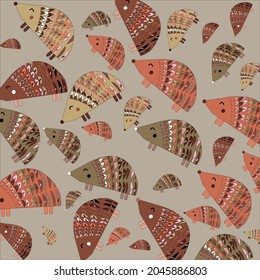 Pattern with painted colorful hedgehog. Can be used for wallpaper, textiles, packaging, cards, covers. Small cute animal on a brown background.