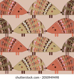 Pattern with painted colorful hedgehog. Can be used for wallpaper, textiles, packaging, cards, covers. Small cute animal on a brown background.