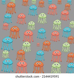 Pattern with painted colorful jellyfish. Can be used for wallpaper, textiles, packaging, cards, covers. Small colorful jellyfish on a  green  background.