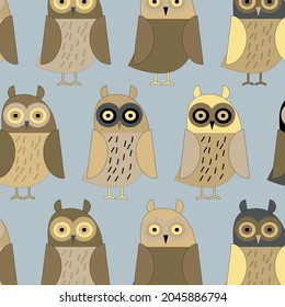 Patrón de búho pintado de color. Se puede usar para papel pintado, textiles, embalaje, tarjetas, cubiertas. Pequeño animal lindo con fondo gris.