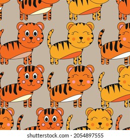 Pattern with painted colorful  tigers. Can be used for wallpaper, textiles, packaging, cards, covers. Small cute animal on a beige   background.
