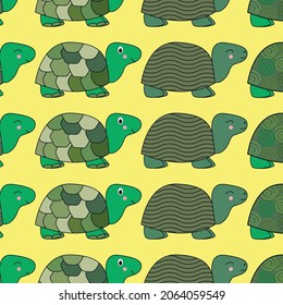 Patrón con tortugas pintadas de colores. Se puede usar para papel pintado, textiles, embalaje, tarjetas, cubiertas. Pequeño y lindo animal en un amarillo   de fondo.
