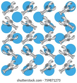 Pattern of painted colorless lobsters, against a background of blue circles.