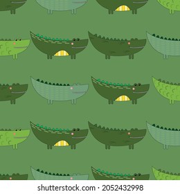 Pattern with painted green crocodiles. Can be used for wallpaper, textiles, packaging, cards, covers. Small cute animal on a beige   background.