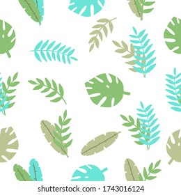 Pattern of painted leaves in blue-green hues. Illustration for wallpaper textile....