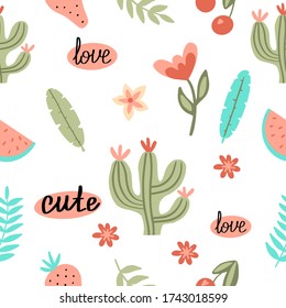 Pattern of painted leaves, watermelon and cactus. Illustration for decor of a room, wallpaper and textile.