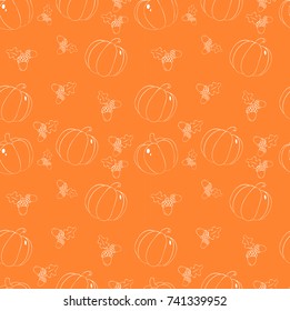 Pattern of painted pumpkins and acorns in the style of doodles on an orange background