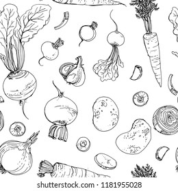 The pattern of painted vegetables line drawn on a white background. Skertch autumn harvest. Fresh food. Lettuce, tomatoes, cucumber, olives, garlic