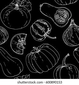 Pattern of painted vegetables line drawn on a black background. Skertch autumn harvest. Fresh food.