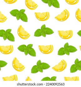 Pattern, painting of lemons and fresh mint leaves with a seamless pattern. Background of the concept of spring, summer. Lemon and mint on a white background.