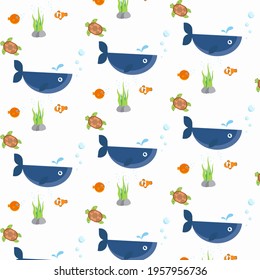 Pattern . Painting of the sea world for children. Turtles, puffer fish and whale.