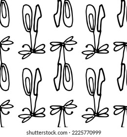 pattern of a pair of ballet flats on a ribbon with a black line on white. Seamless pattern of children's pointe shoes tied with a bow, hand-drawn in the style of a doodle with a black insulated line f