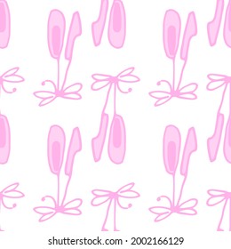 a pattern of a pair of ballet flats tied on a ribbon with a pink bow on a white background. Seamless pattern of children's pointe shoes, tied with a bow, hand-drawn in the style of doodles in pink col
