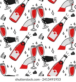 El patrón es un par de manos con gafas, champán abierto. Patrón sin inconvenientes de manos macho y hembra con gafas y botellas sobre un fondo blanco. Romance de ilustración de vectores, fecha, cortejo