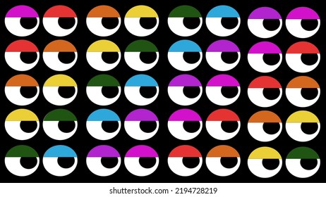 A pattern of pairs of eyes with eyelid in the color of rainbow spectrum for background, logo or other illustration needs 