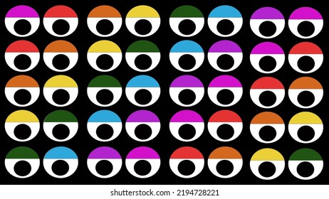 A pattern of pairs of eyes with eyelid in the color of rainbow spectrum for background, logo or other illustration needs 