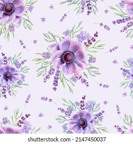 Pattern with pale lilac lavender flowers and anemone, watercolor illustration