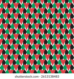 Pattern with a Palestine design of red, black, and green shapes.