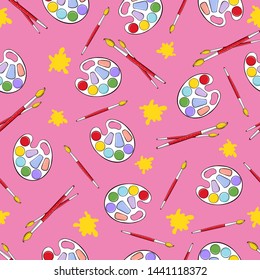Pattern of palette and brushes seamless  on a pink background
