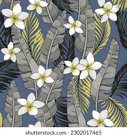 pattern of palm and banana leaves and plumeria