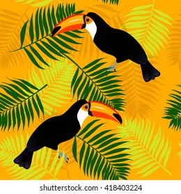 The pattern of palm branches and a toucan.