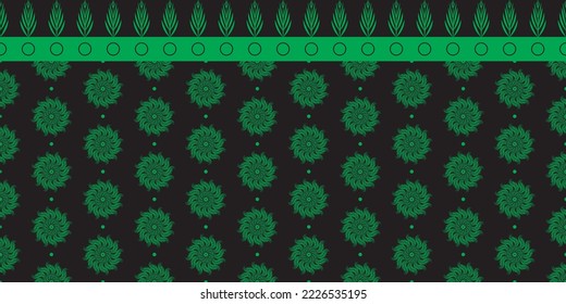 Pattern with palm or coconut leaves and green branches, beautiful, elegant. Pattern for fabric, rug, textile, tile, black background.