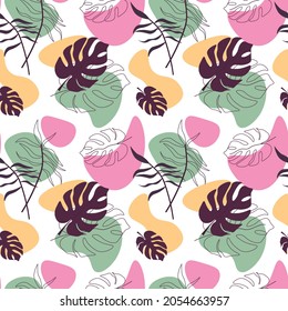 Patrón con hojas de palma y puntos abstractos. Ilustración vectorial. Para embalajes, impresiones, cubiertas, folletos, tarjetas e invitaciones.