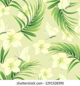 Pattern with palm leaves and exotic flowers
