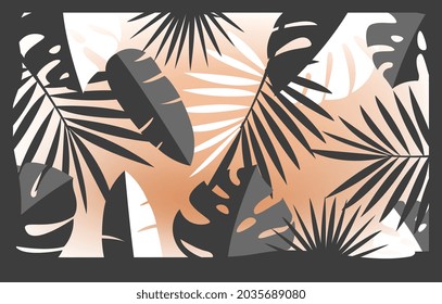 Pattern with palm leaves. Poster with beautiful exotic plants, dark and light silhouettes. Design for printing on paper and fabric. Cartoon flat vector illustration isolated on orange background