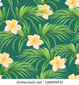 pattern with palm leaves and tropical flowers