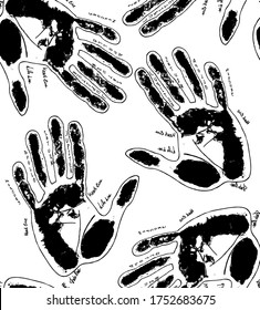 Pattern with palm print, palmistry and esoteric palm sign on white background