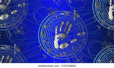 Pattern with palm print, palmistry and esoteric palmed other signs with circles and lines on blue background