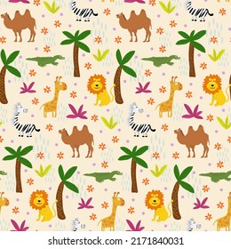 Pattern with palm trees cartoon animals - giraffe, lion, crocodile and zebra, camel. Vector drawing. For use in children products, prints and packaging, clothing.