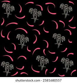 Pattern of palm trees, flamingos, waves and nautical elements with water splashes, playing with these elements to make a fun design with bright colors and beach or vacation objects.