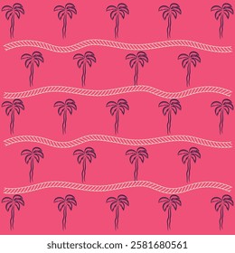 Pattern of palm trees, flamingos, waves and nautical elements with water splashes, playing with these elements to make a fun design with bright colors and beach or vacation objects.