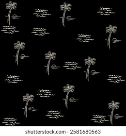 Pattern of palm trees, flamingos, waves and nautical elements with water splashes, playing with these elements to make a fun design with bright colors and beach or vacation objects.