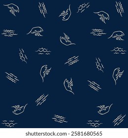 Pattern of palm trees, flamingos, waves and nautical elements with water splashes, playing with these elements to make a fun design with bright colors and beach or vacation objects.