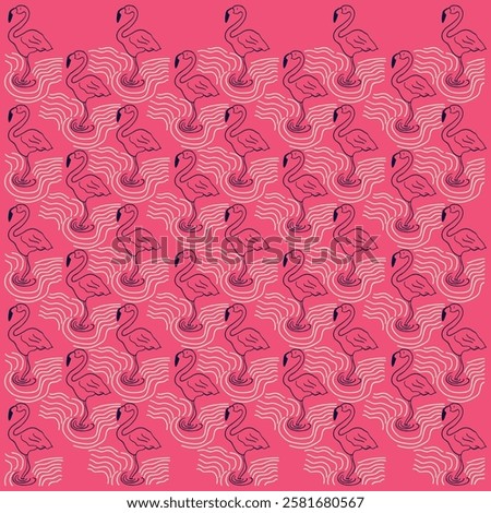 Pattern of palm trees, flamingos, waves and nautical elements with water splashes, playing with these elements to make a fun design with bright colors and beach or vacation objects.