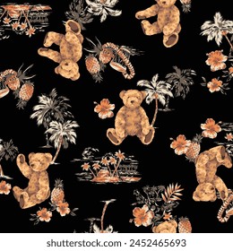 Pattern with palm trees, Hawaiian scenery, and bears
