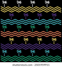 Pattern of palm trees, waves, spots and beach and surf symbols for holiday season, hot summer, welcome to vacation and beach fun.
