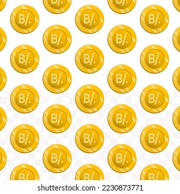 Pattern of Panama Balboa coins on transparent background with mini doodle (icons) and gold color. Vector Illustration
